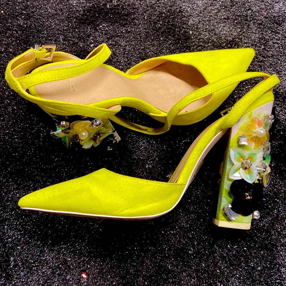 ASOS acid green sequin and rhinestone embellished heels UK size 5 US 7